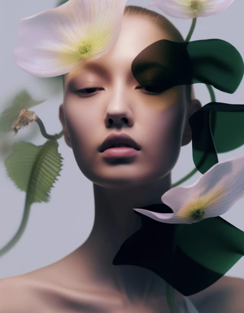 Close-up of an adult female model surrounded by translucent white and black flowers. The woman is fair-skinned and has a neutral expression.