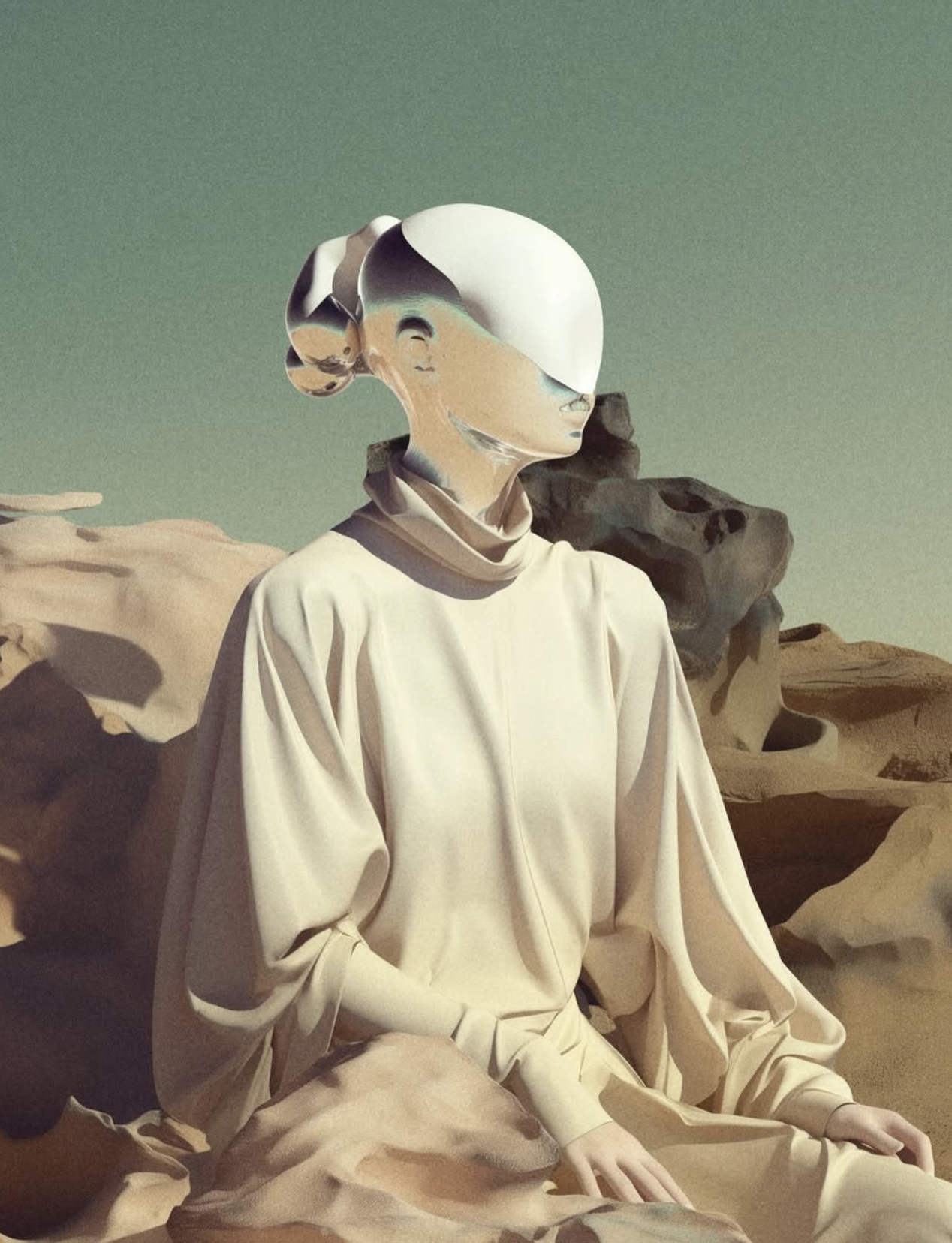 Artistic image of a humanoid figure with reflective headpiece, wearing a cream-colored gown, sitting outdoors in a desert-like environment.
