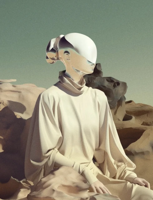 Artistic image of a humanoid figure with reflective headpiece, wearing a cream-colored gown, sitting outdoors in a desert-like environment.