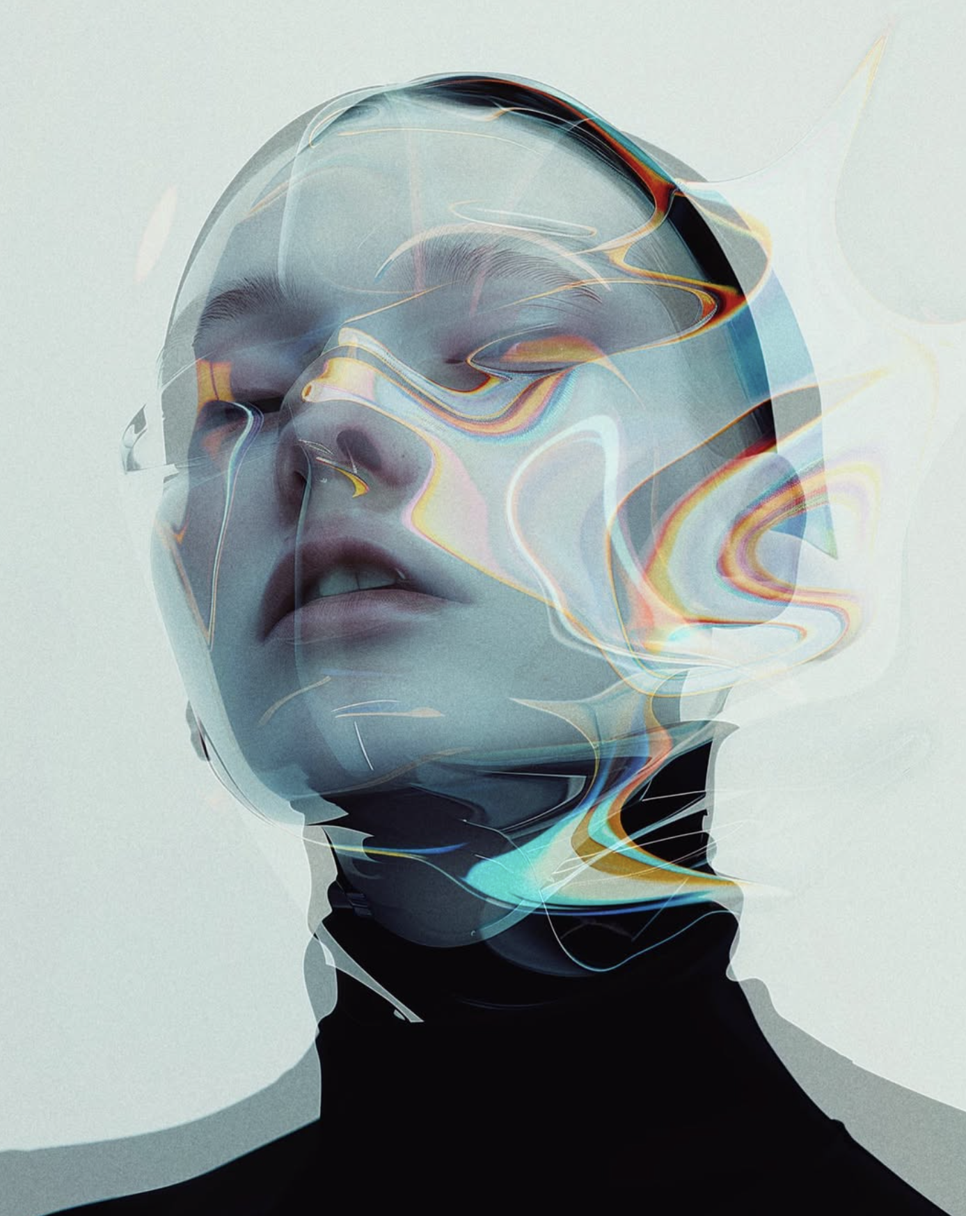 Abstract portrait of a woman with closed eyes, enhanced by swirling, translucent overlays against a soft, light-toned backdrop.