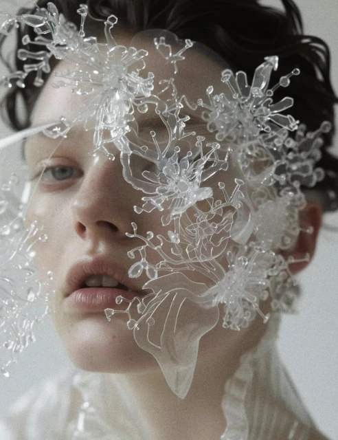 Close-up portrait of a woman with dark hair wearing an elaborate, transparent face covering with translucent floral accents against a bright background.