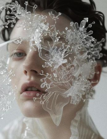 Close-up portrait of a woman with dark hair wearing an elaborate, transparent face covering with translucent floral accents against a bright background.