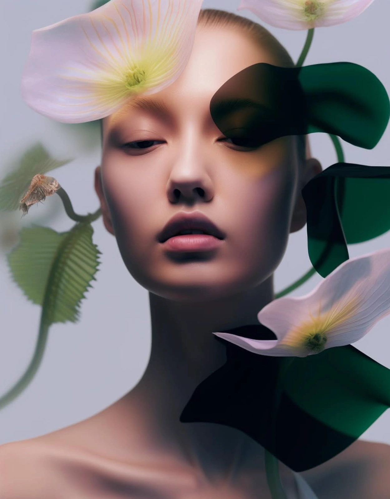 Portrait of a person intertwined with pale pink flowers and dark green foliage overlapping the face.