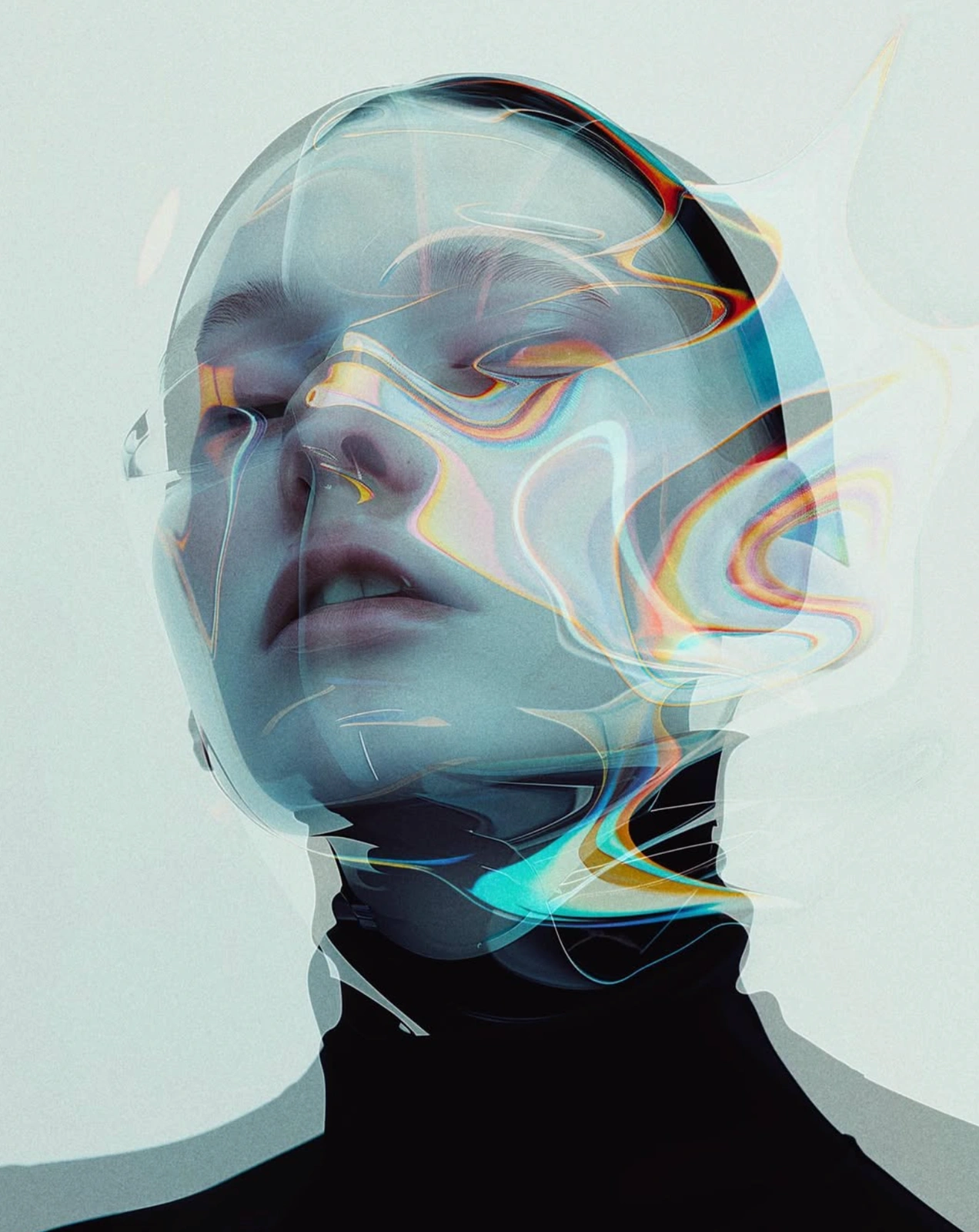 Close-up portrait of a person with closed eyes wearing a black turtleneck behind an iridescent translucent glass mask with swirling light reflections.