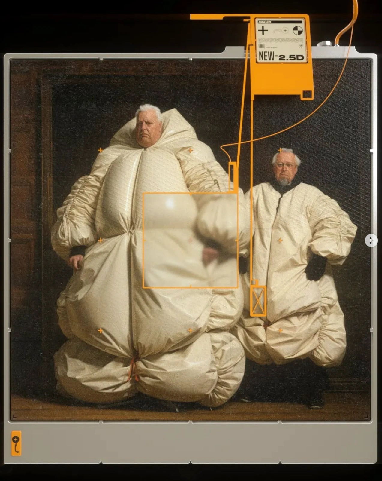 Two men wearing oversized white padded puffer suits in a classic portrait setup overlaid with digital UI frames and orange interface lines.