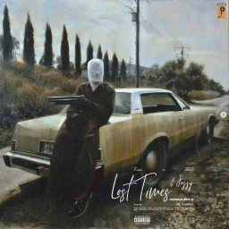 Figure with head wrapped in white cloth holding a shotgun, leaning against a weathered car on a country road by tall trees.