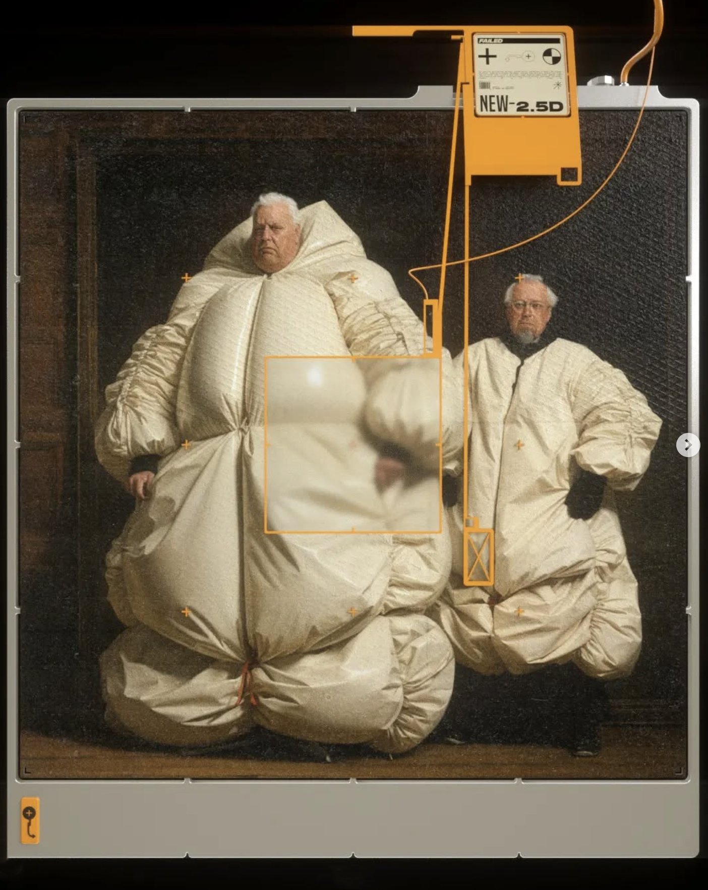 Two elderly men in oversized, puffy beige jackets stand in front of a dark backdrop in an artful, digitally enhanced composition.