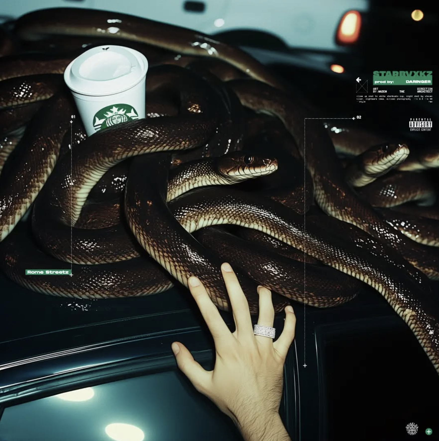 Snakes are coiled around a Starbucks cup on a car with a hand visible. The background shows blurry cars at night.