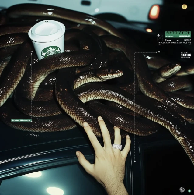Snakes are coiled around a Starbucks cup on a car with a hand visible. The background shows blurry cars at night.