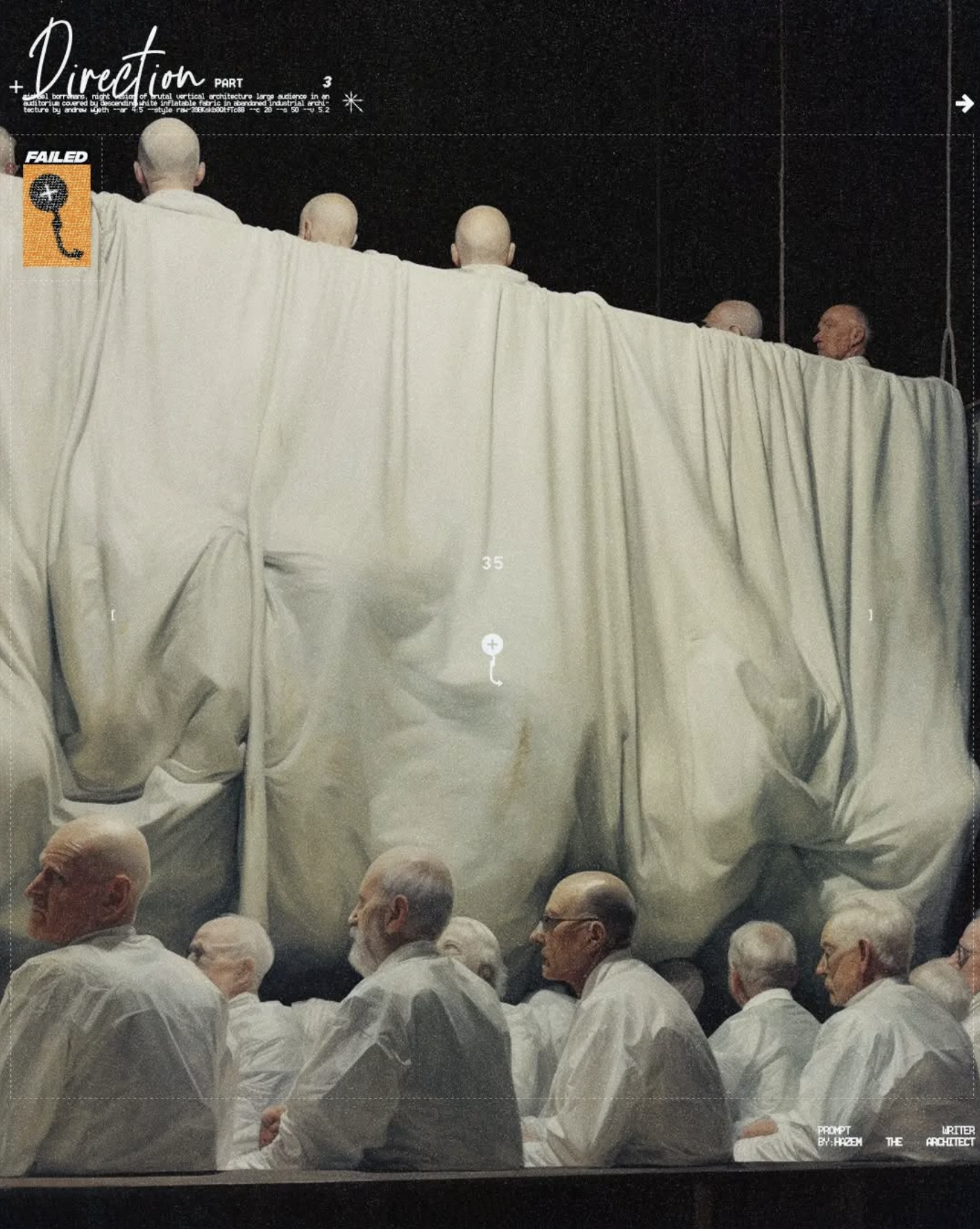 Illustration shows a group of identical older men in white coats, some in a row peeking over a white drape, with text overlay.