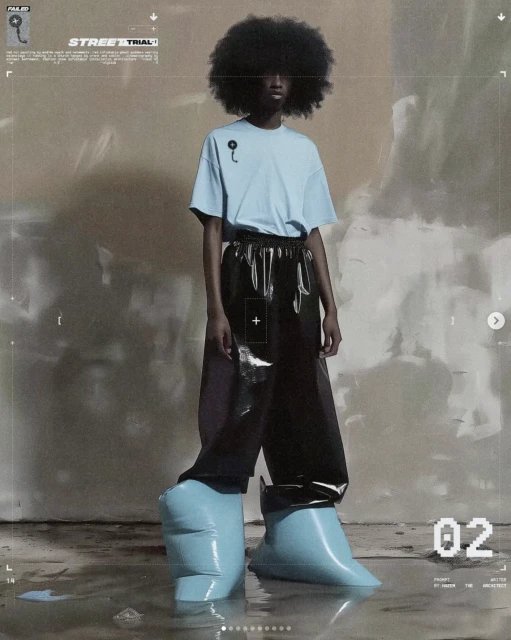 Editorial fashion shoot features a Black model in a light blue t-shirt, shiny black pants, and striking light blue inflatable boots.