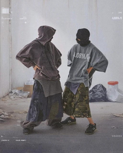 Two fashion models pose in streetwear in a distressed urban interior. One wears a hoodie and the other wears a mask and graphic tee.