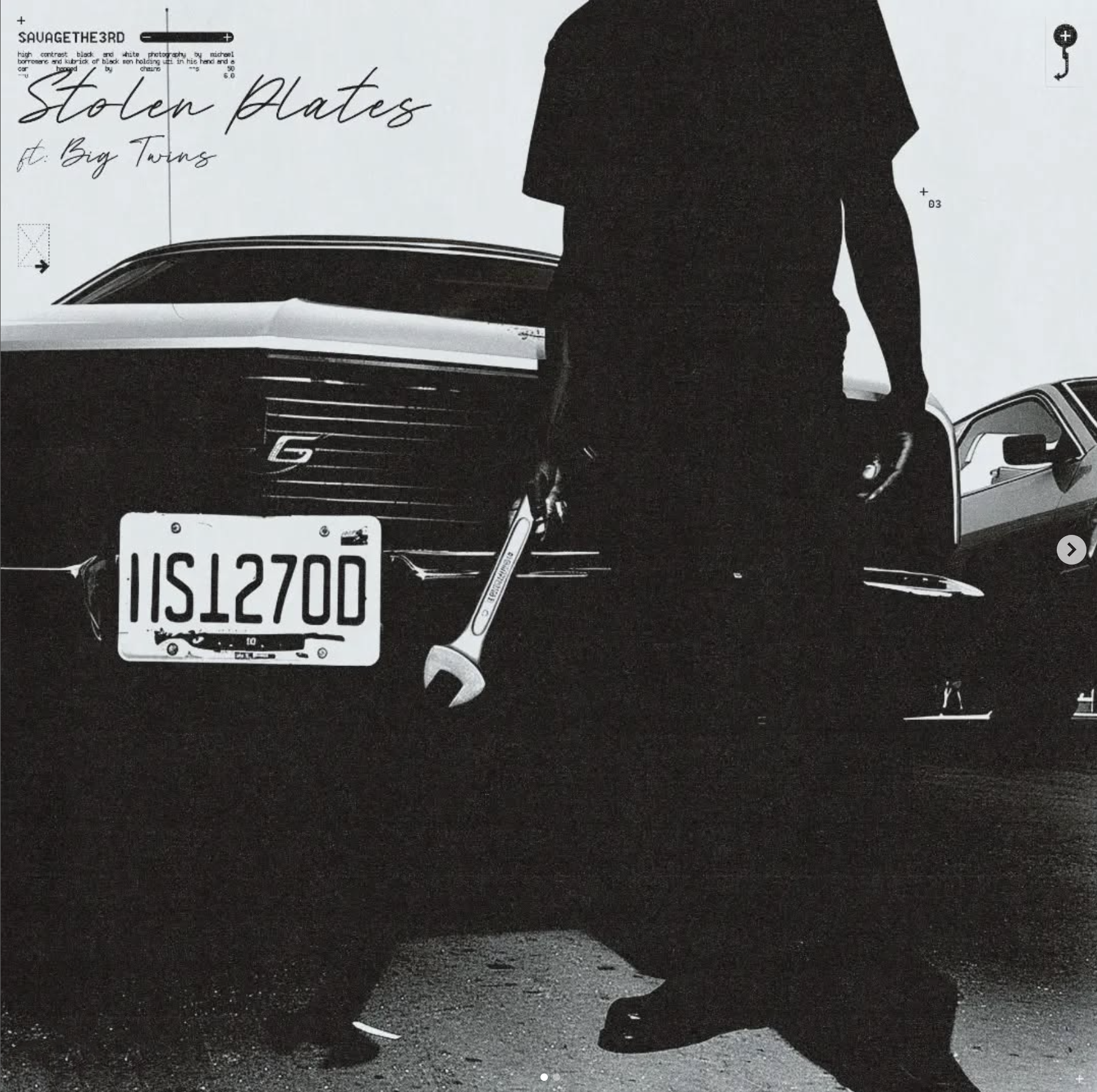 Monochrome photo of a person holding a wrench, standing in front of a vintage car with a license plate, for an album cover.