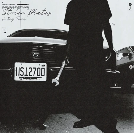 Monochrome photo of a person holding a wrench, standing in front of a vintage car with a license plate, for an album cover.