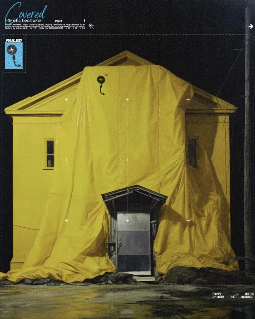 An architectural photograph depicting a building fully covered with a bright yellow tarp, taken outdoors at night under dark skies.