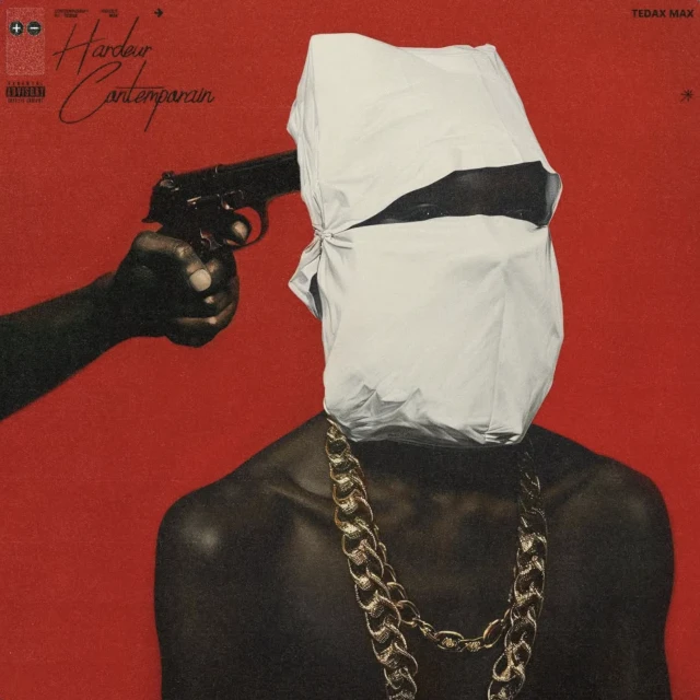 Music album cover art featuring a person with a bag over their head, a gold chain, and a hand pointing a gun toward them on a red background.