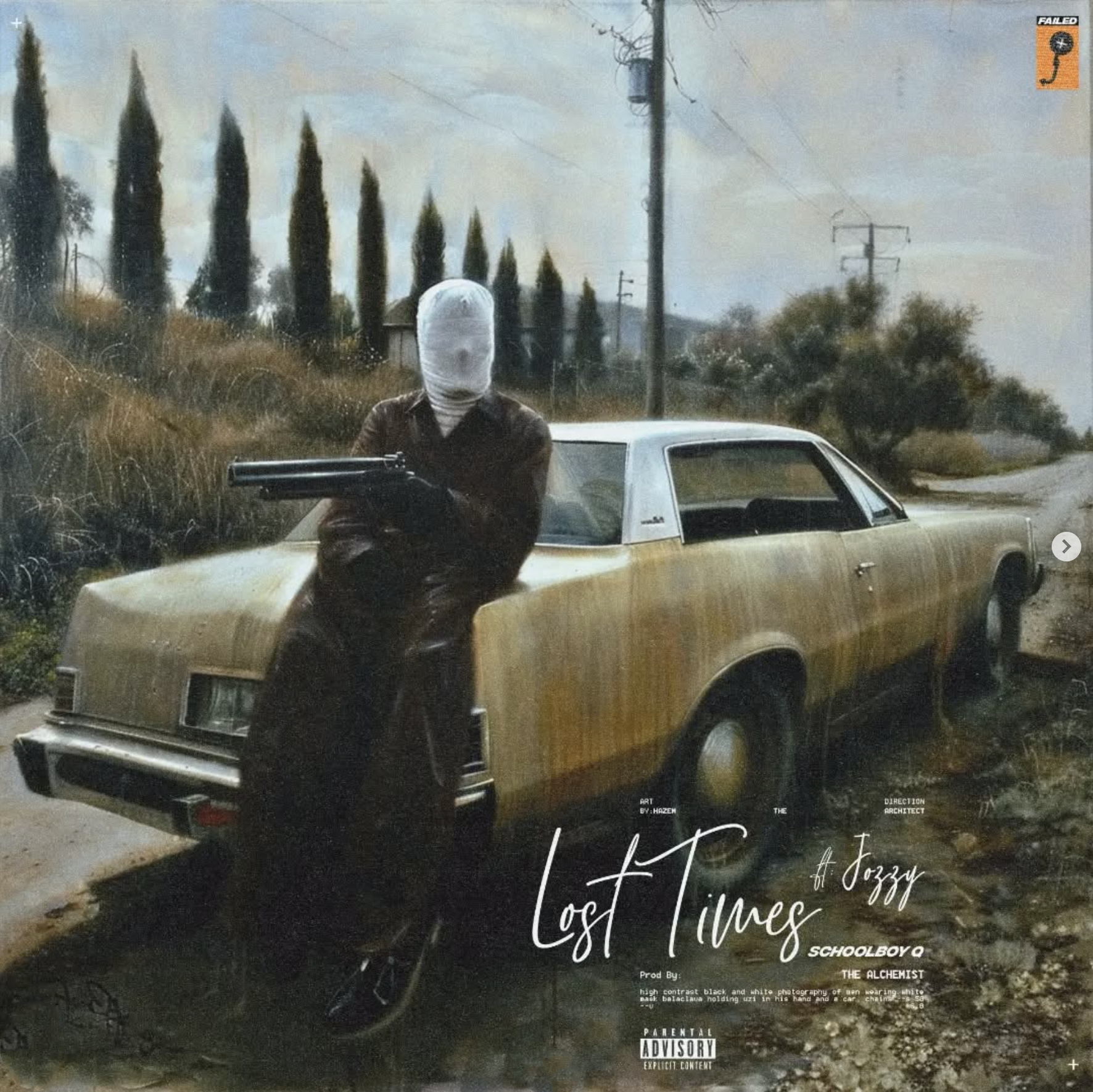 Artwork of a man with covered face, shotgun, leaning on a vintage car against a rural backdrop with tall trees and cloudy skies.