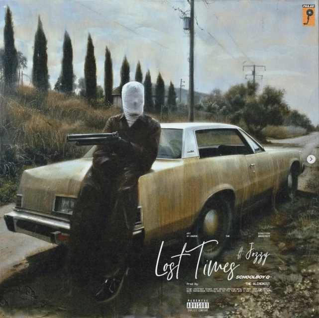 Artwork of a man with covered face, shotgun, leaning on a vintage car against a rural backdrop with tall trees and cloudy skies.