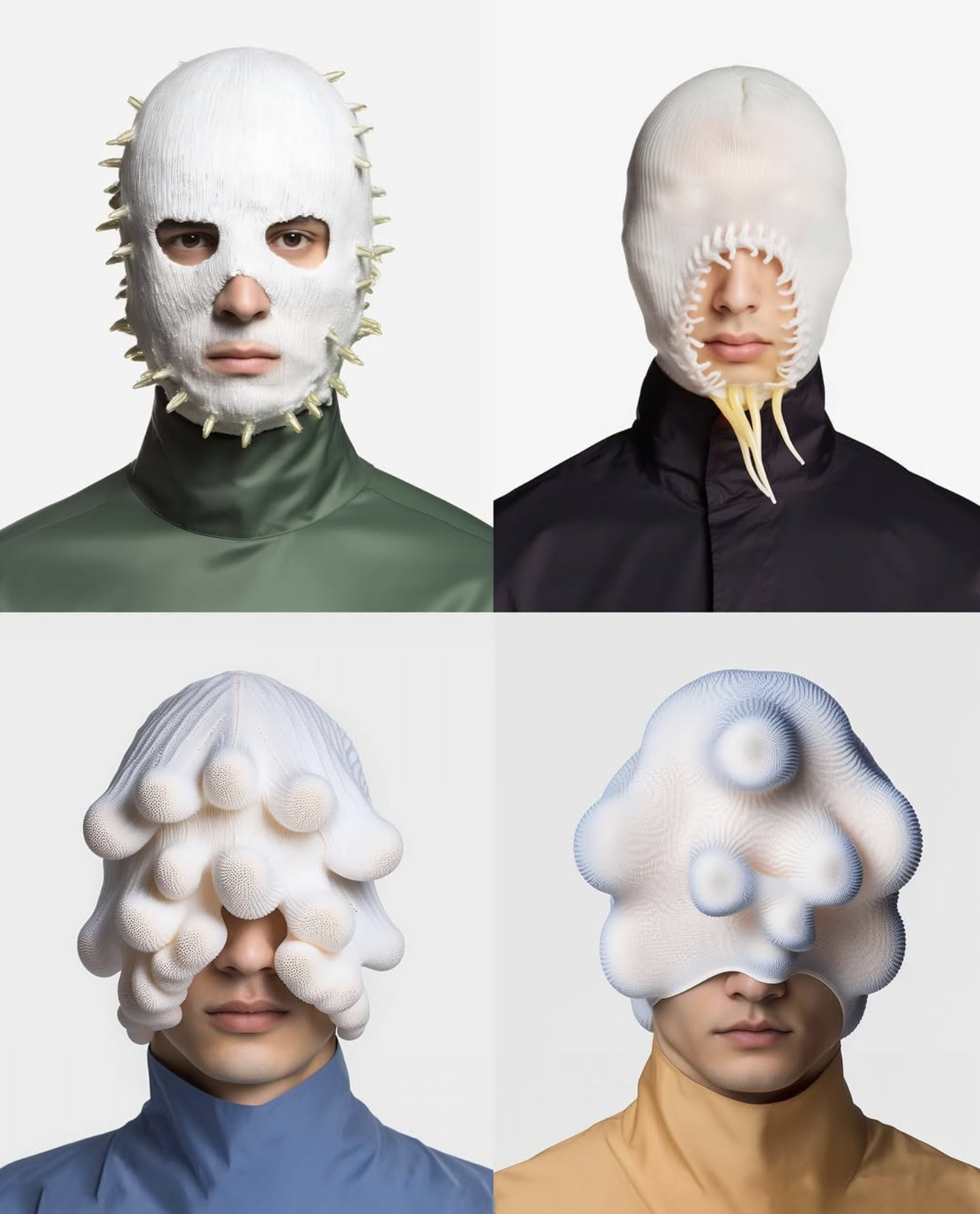 Four portraits of humans wearing surreal face masks with textural details, showcased against a plain white studio backdrop.