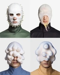 Four-panel portrait of a man wearing avant-garde white sculpted masks and headwear against a clean light background by Elmo Mistiaen