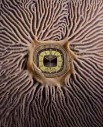 A luxury gold watch with a yellow and brown dial embedded in organic coral texture