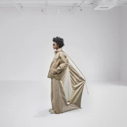 Model wearing a tan hooded jacket and wide trousers connected to a tent structure in a white studio