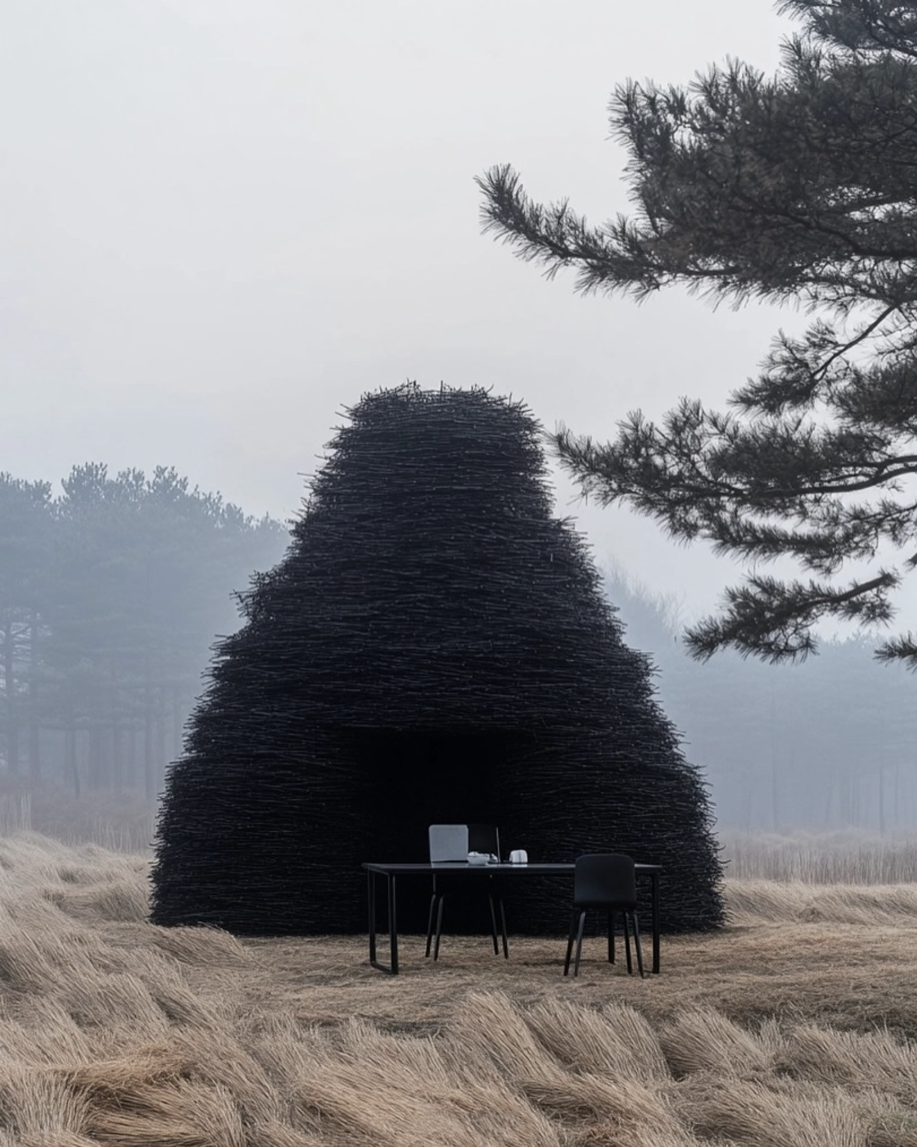 Black structure resembling a hut made of branches on a field with a table and chairs, next to a forest shrouded in fog.