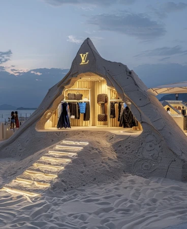Exterior view of a Louis Vuitton sand sculpture pop-up shop on a sandy beach, featuring clothing racks and handbag displays inside.