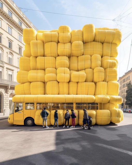 Yellow bus covered in soft yellow blocks on a city street with a group of people standing near it on a sunny day.