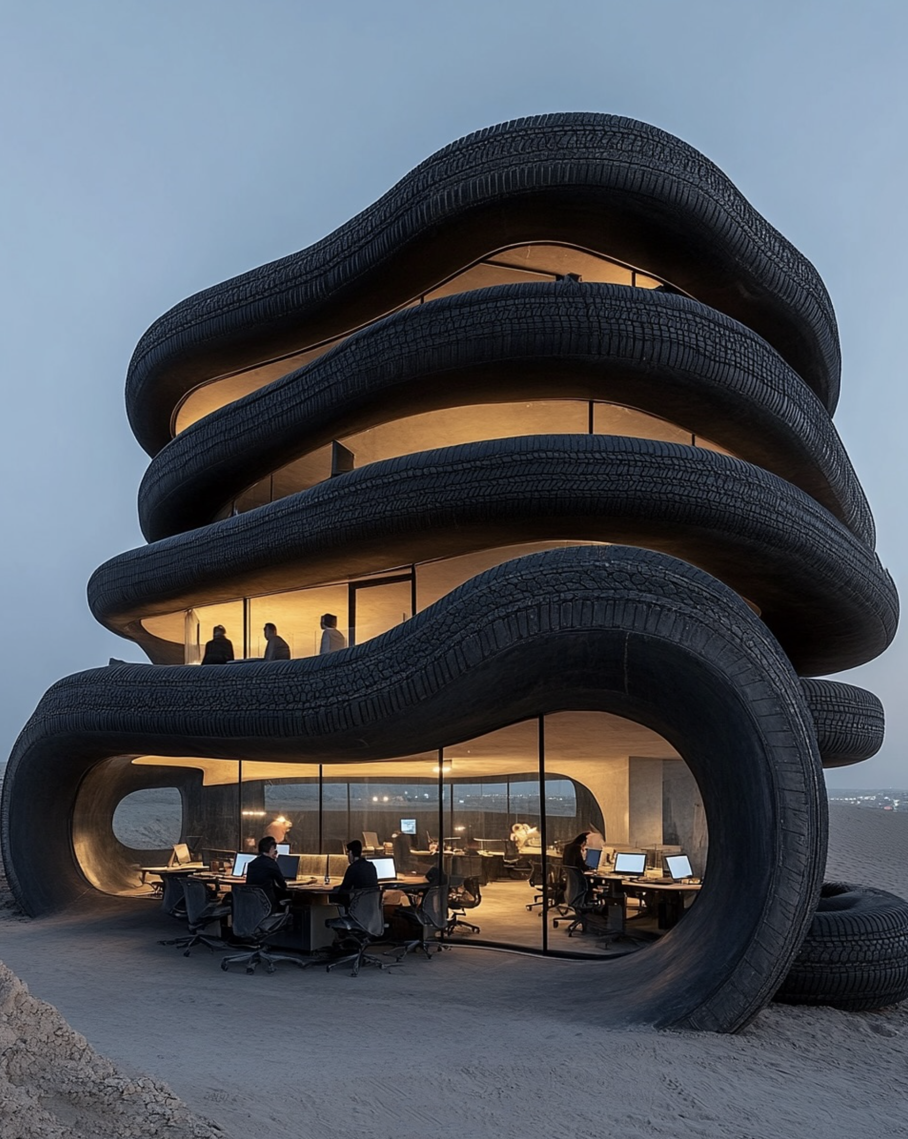 Architectural design featuring a modern office building constructed with tires, showcasing a unique exterior and interior workspace.