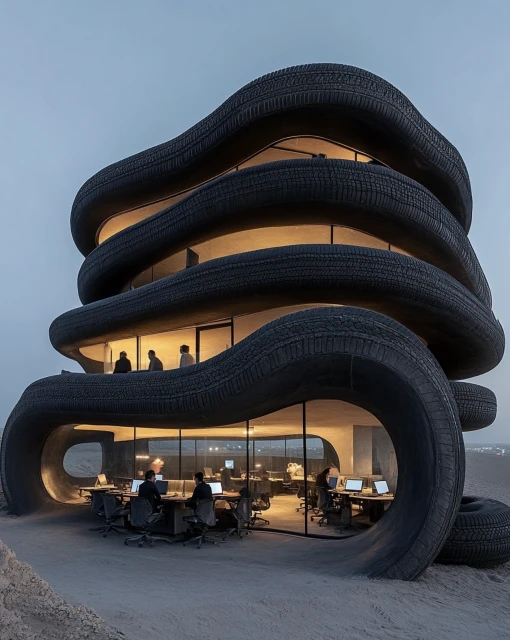 Architectural design featuring a modern office building constructed with tires, showcasing a unique exterior and interior workspace.