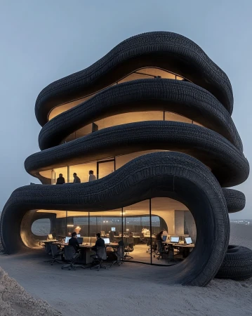 Architectural design featuring a modern office building constructed with tires, showcasing a unique exterior and interior workspace.