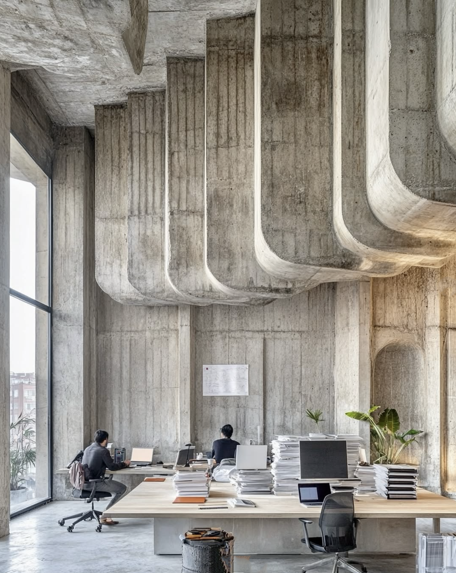 Two people work at desks in a modern office featuring concrete walls, a large window, and unique architectural details in a workspace setting.