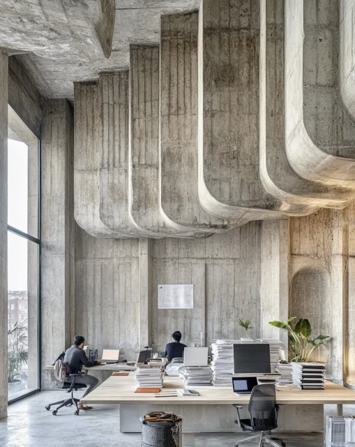 Two people work at desks in a modern office featuring concrete walls, a large window, and unique architectural details in a workspace setting.
