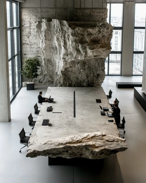 Concrete conference table with jagged edges in modern office space with people working, natural light from windows, and rock wall.