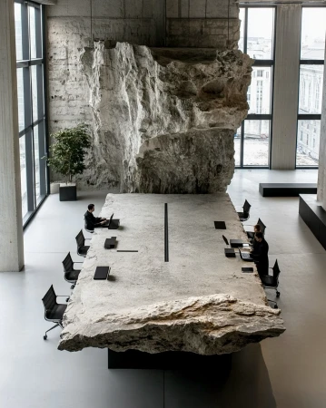 Concrete conference table with jagged edges in modern office space with people working, natural light from windows, and rock wall.