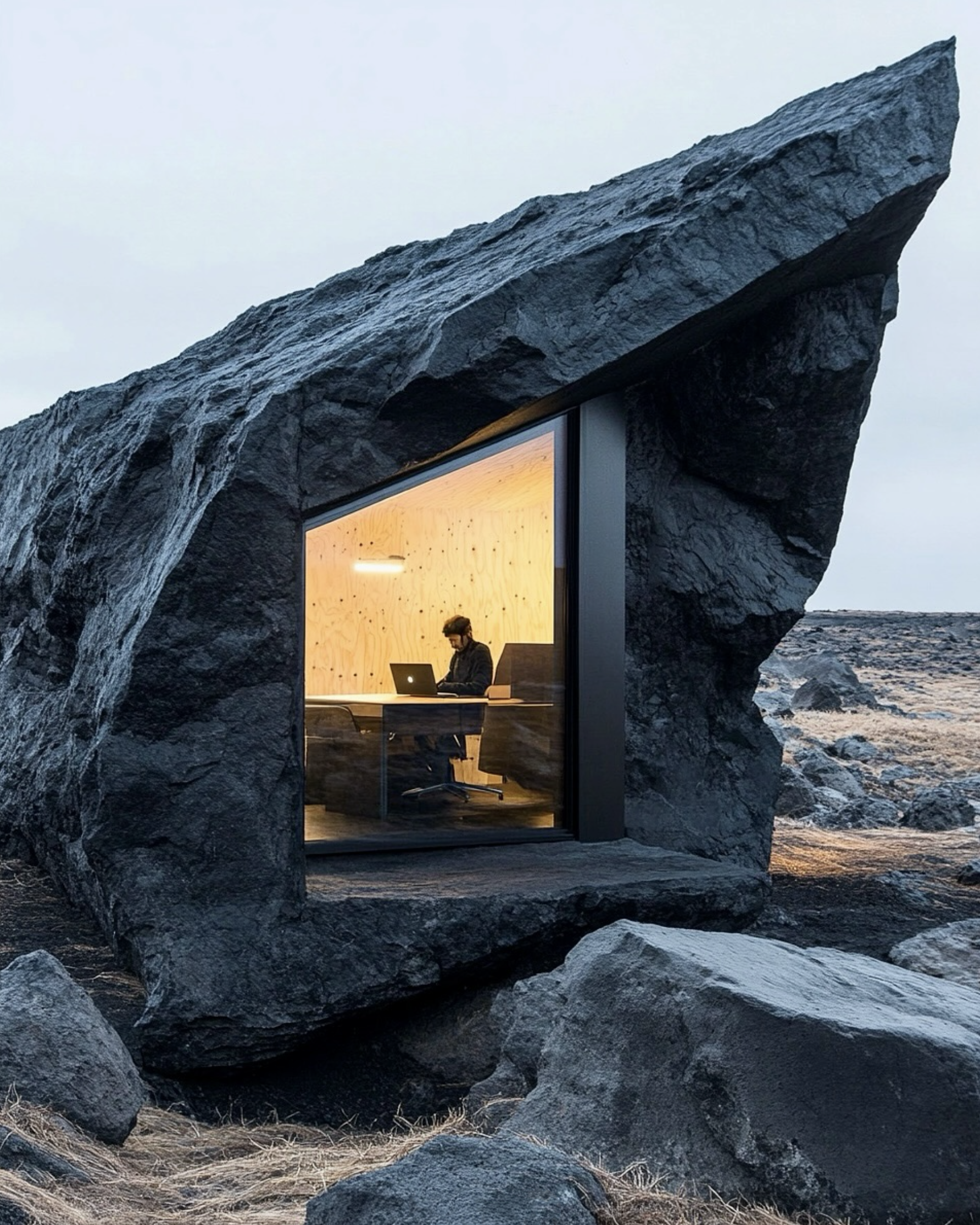 Adult working on a laptop inside a modern rock structure office with a window, surrounded by a barren landscape and grey sky.