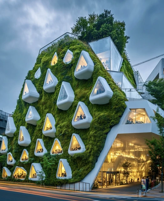 Exterior of an eco-friendly building featuring a green moss facade, triangular window pods, and glass extension. Urban architectural design.