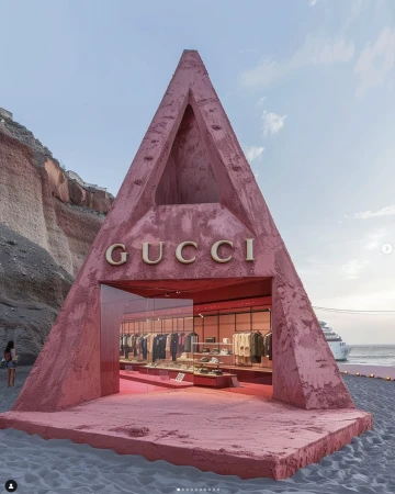 Gucci pop-up shop on a beach, featuring a pink pyramidal structure with the Gucci logo, showcasing a collection of clothing inside.