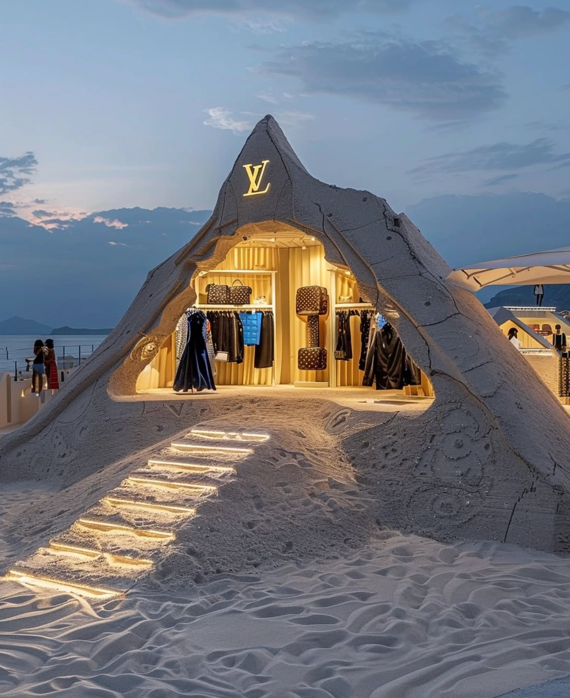 Sandcastle structure styled as a luxury storefront on a sandy beach with illuminated steps and a lit sign