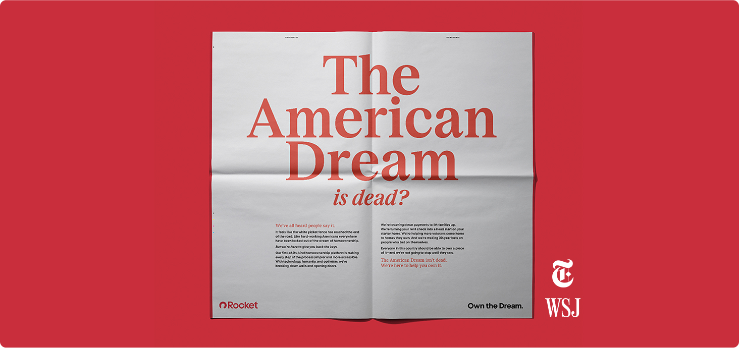 Advertisement featuring a folded newspaper with the headline 'The American Dream is dead?' in red, set against a solid red background.