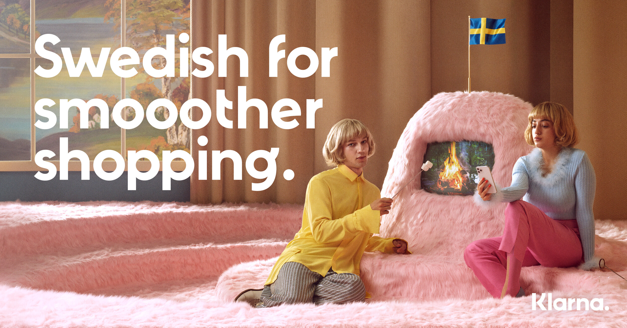 Two people in a surreal setting with a faux fireplace, pink carpeted stairs, and a Swedish flag, promoting smoother shopping.
