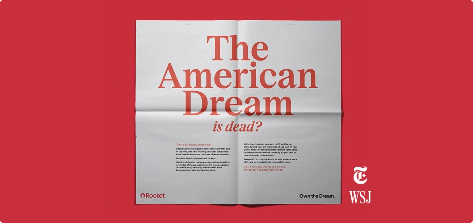 An open newspaper spread featuring large red headline text reading The American Dream is dead against a solid red background