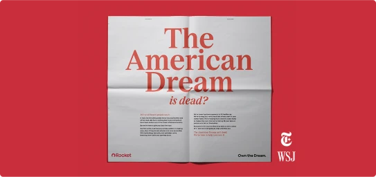 An open newspaper spread featuring large red headline text reading The American Dream is dead against a solid red background