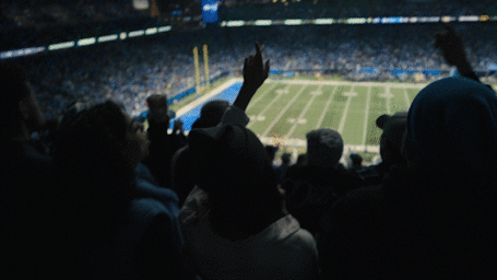 Crowd of spectators cheering in a dimly lit stadium with a lit football field visible below