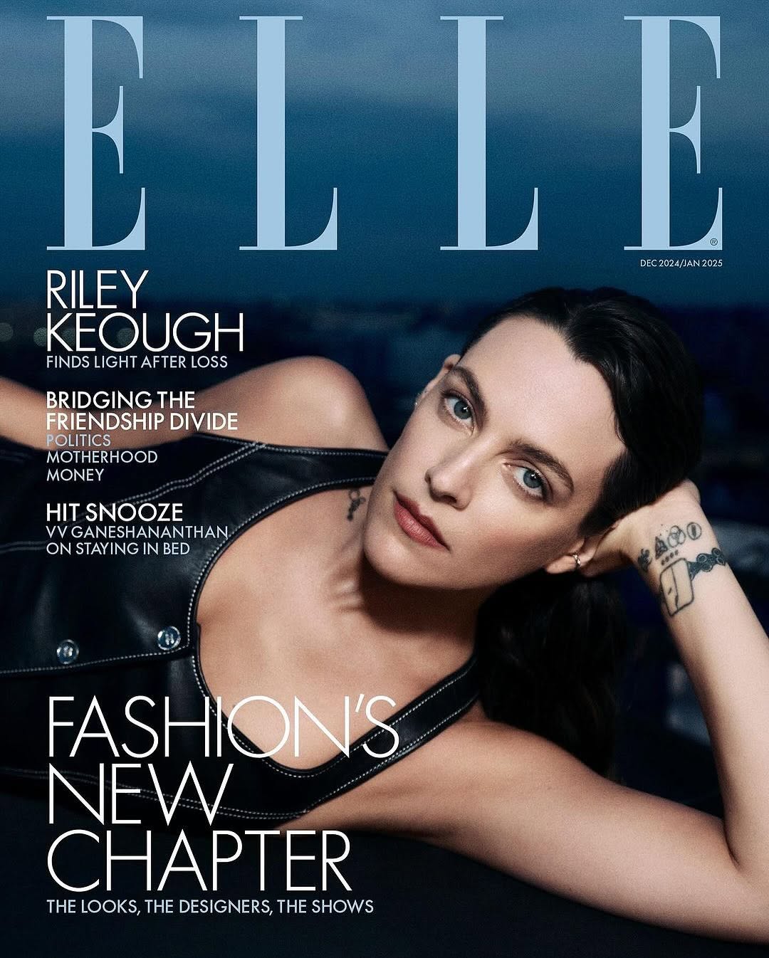 Elle magazine cover featuring a woman in a black leather vest against a dark blue background with fashion and lifestyle articles.