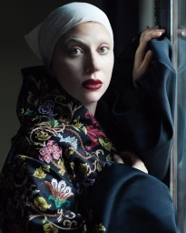 Close-up portrait of Lady Gaga wearing a white headscarf and dark embroidered floral coat by window