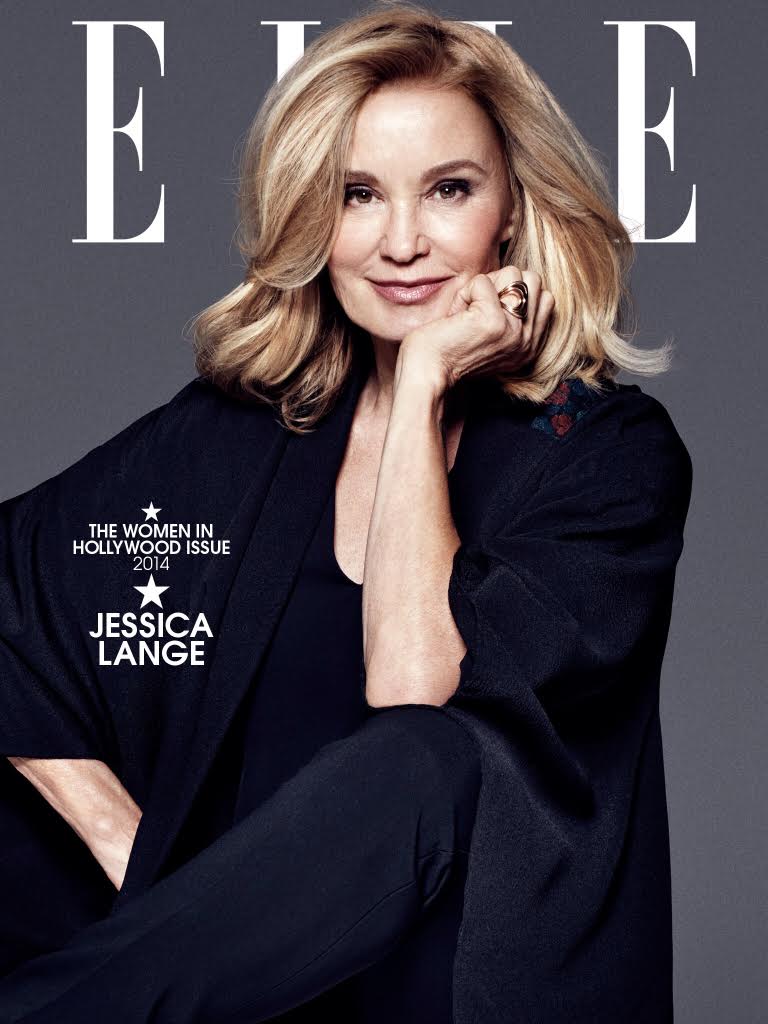 Magazine cover featuring Jessica Lange with blonde wavy hair and dark clothing, posing against a neutral grey backdrop, with ELLE logo.
