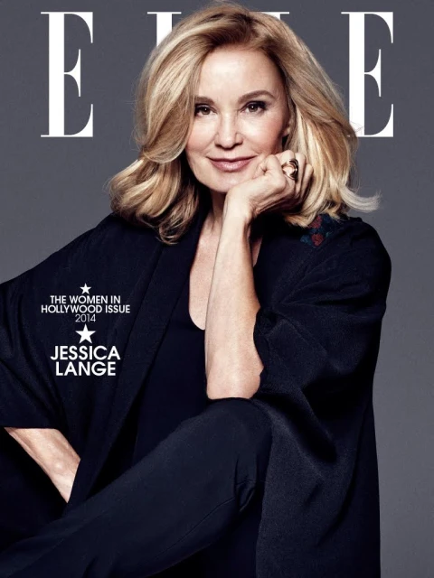 Magazine cover featuring Jessica Lange with blonde wavy hair and dark clothing, posing against a neutral grey backdrop, with ELLE logo.