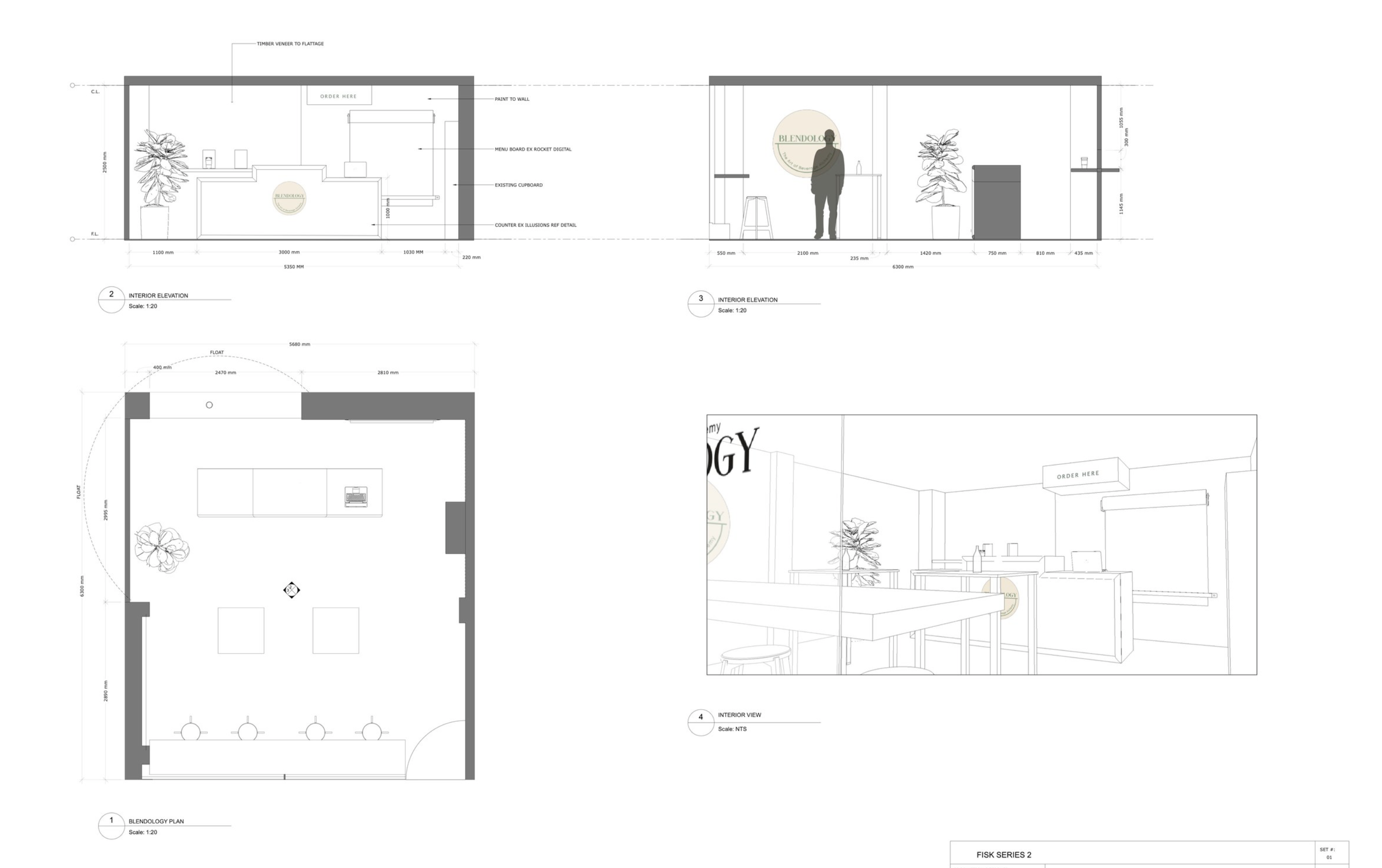 Interior design schematic featuring reception area, counter, waiting area, tables, chairs, and signage in a minimalist architectural style.